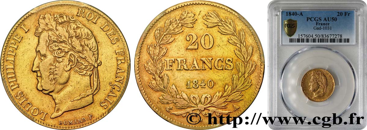 20 francs or Louis-Philippe, Domard 1840 Paris F.527/22 AU50 PCGS