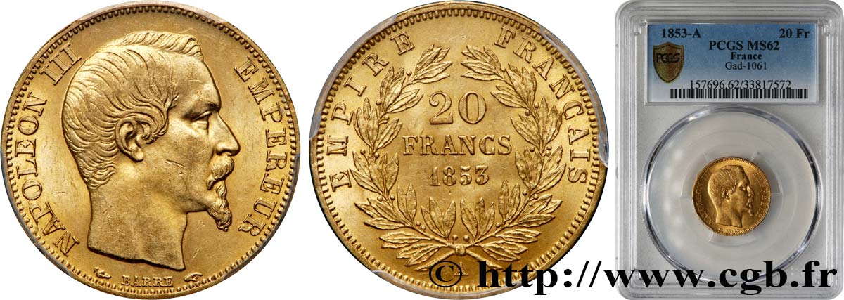 20 francs or Napoléon III, tête nue 1853 Paris F.531/1 SPL62 PCGS