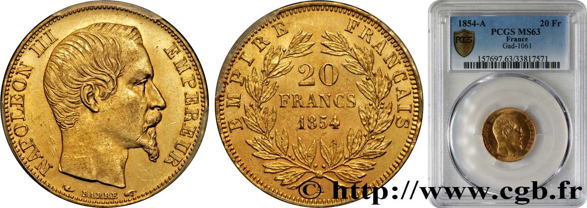 20 francs or Napoléon III, tête nue 1854 Paris F.531/2 MS63 PCGS