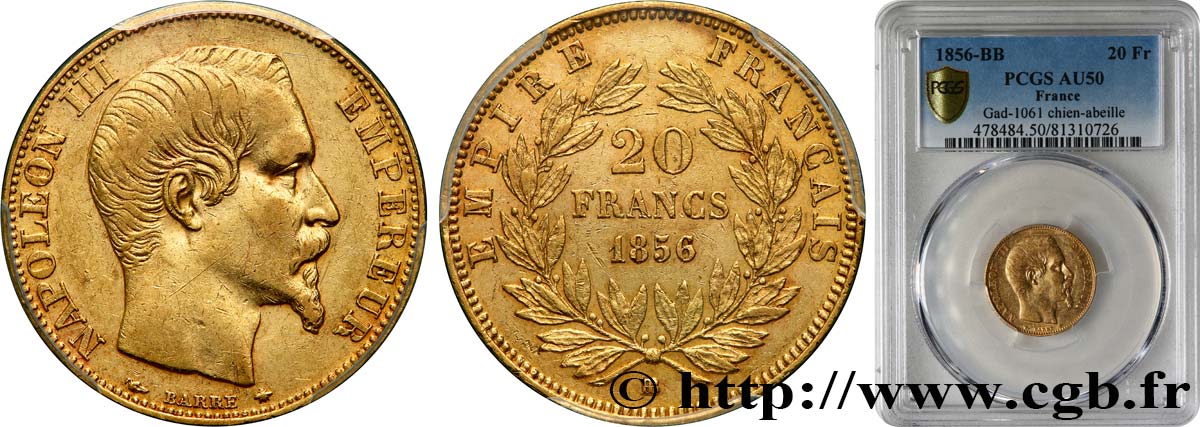 20 francs or Napoléon III, tête nue 1856 Strasbourg F.531/10 SS50 PCGS