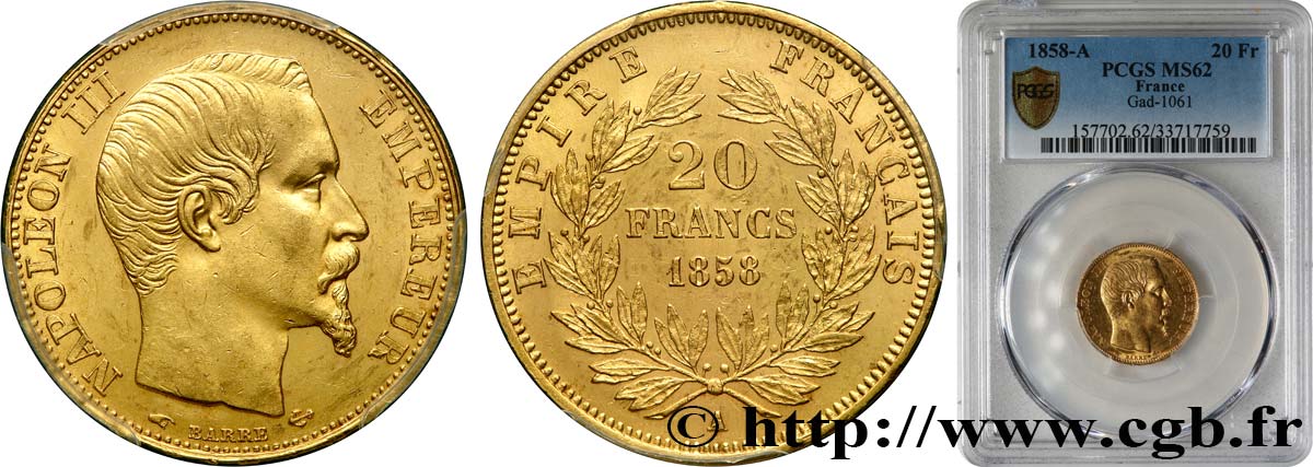 20 francs or Napoléon III, tête nue 1858 Paris F.531/13 VZ62 PCGS