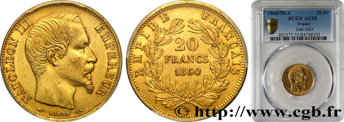 20 francs or Napoléon III, tête nue 1860 Paris F.531/17 EBC55 PCGS