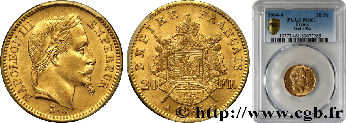 20 francs or Napoléon III, tête laurée 1864 Paris F.532/8 VZ61 PCGS