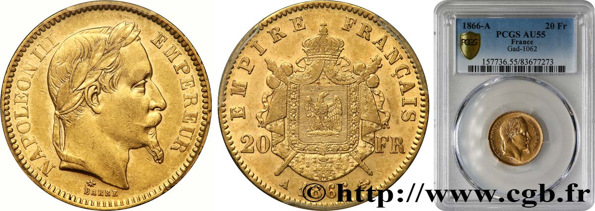 20 francs or Napoléon III, tête laurée 1866 Paris F.532/13 AU55 PCGS