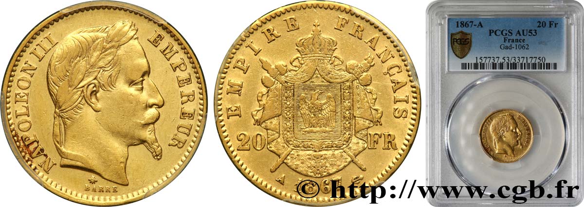 20 francs or Napoléon III, tête laurée 1867 Paris F.532/15 SS53 PCGS