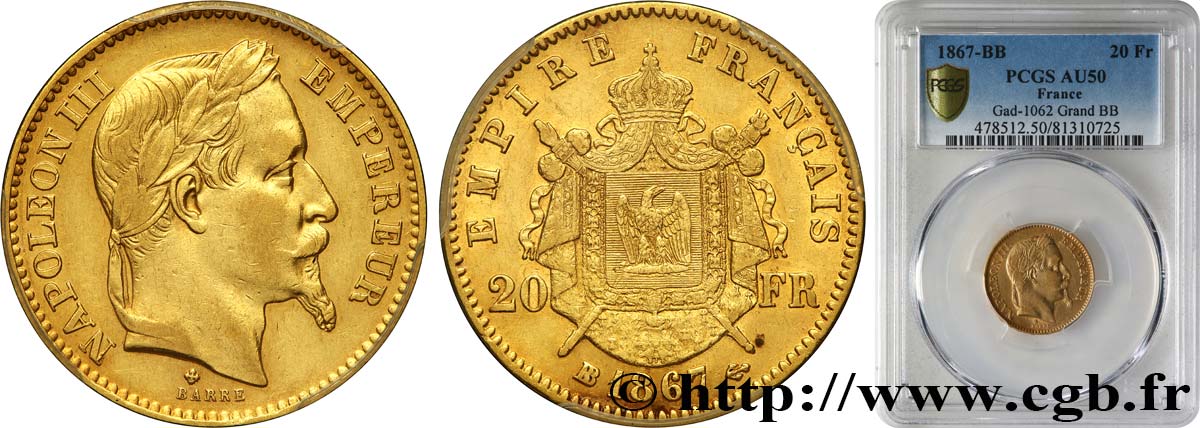 20 francs or Napoléon III, tête laurée 1867 Strasbourg F.532/17 AU50 PCGS