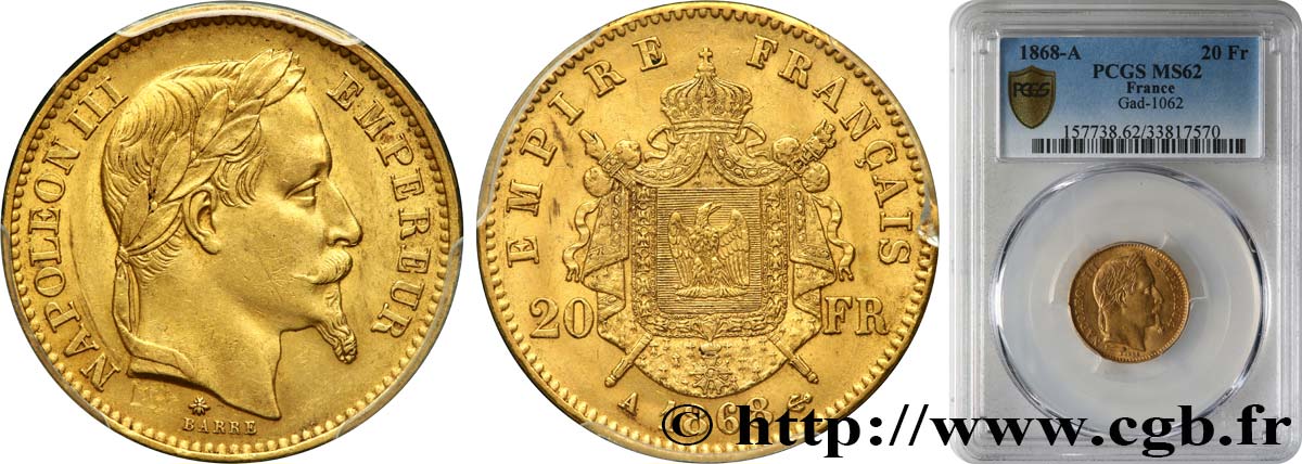 20 francs or Napoléon III, tête laurée 1868 Paris F.532/18 SPL62 PCGS