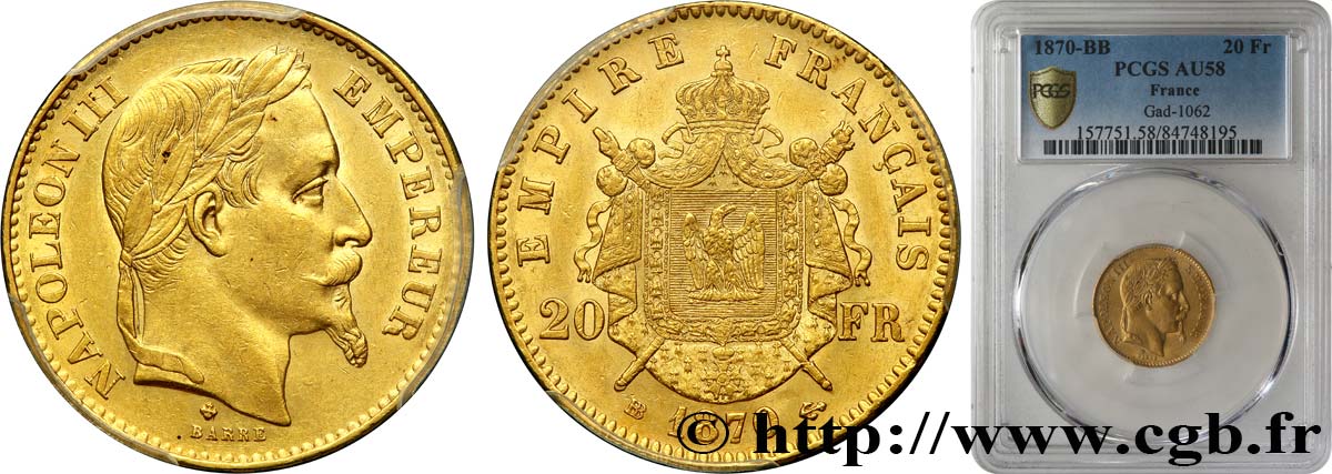 20 francs or Napoléon III, tête laurée 1870 Strasbourg F.532/24 AU58 PCGS