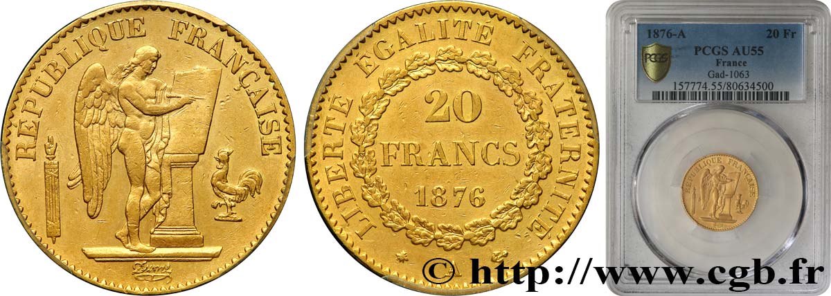 20 francs or Génie, IIIe République 1876 Paris F.533/4 AU55 PCGS