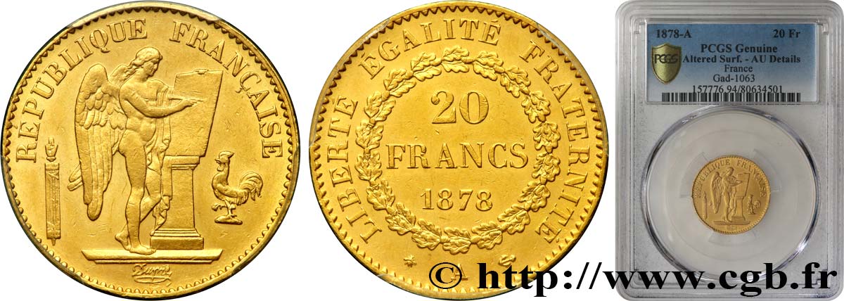 20 francs or Génie, Troisième République 1878 Paris F.533/6 AU PCGS