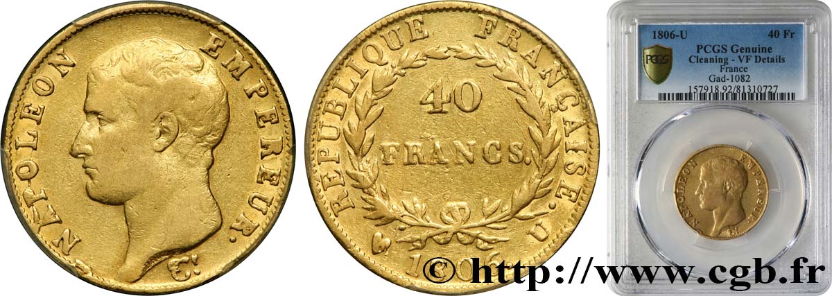 40 francs or Napoléon tête nue, Calendrier grégorien 1806 Turin F.538/4 BC+ PCGS