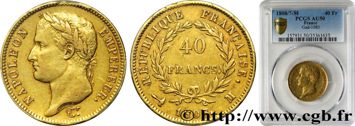 40 francs or Napoléon Ier tête laurée, République française 1808 Toulouse F.540/4 AU50 PCGS