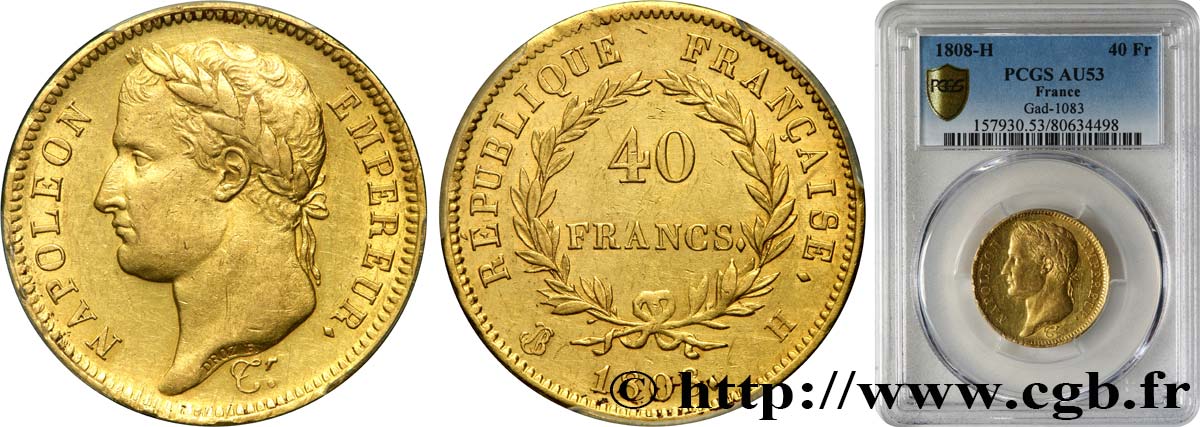 40 francs or Napoléon tête laurée, République française 1808 La Rochelle F.540/3 AU53 PCGS