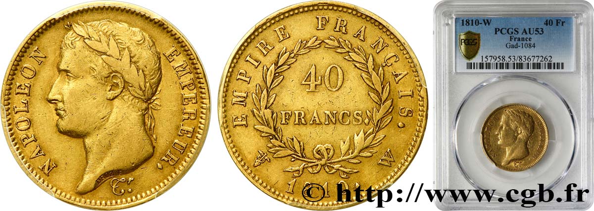 40 francs or Napoléon tête laurée, Empire français 1810 Lille F.541/5 AU53 PCGS