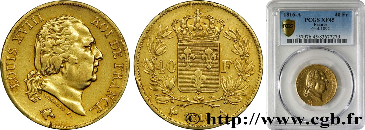 40 francs or Louis XVIII 1816 Paris F.542/1 XF45 PCGS