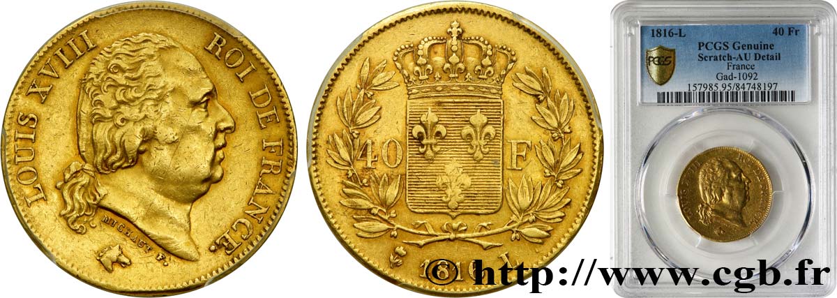 40 francs or Louis XVIII 1816 Bayonne F.542/3 fVZ PCGS