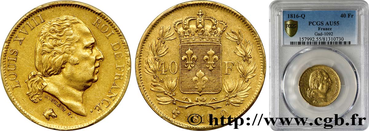 40 francs or Louis XVIII 1816 Perpignan F.542/4 SUP55 PCGS