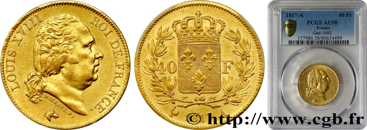 40 francs or Louis XVIII 1817 Paris F.542/6 VZ58 PCGS