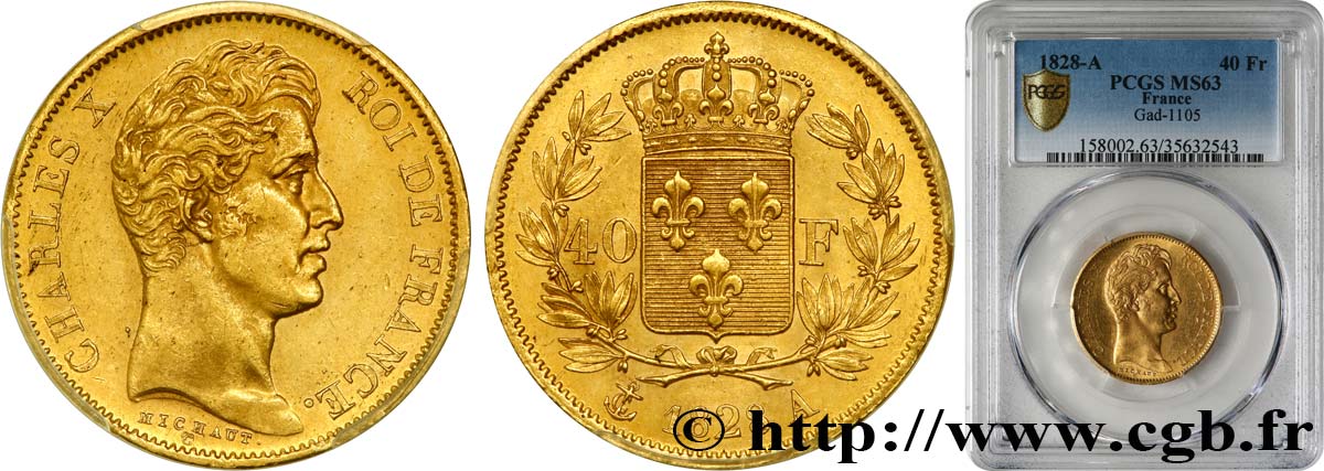 40 francs or Charles X, 2e type 1828 Paris F.544/3 fST63 PCGS