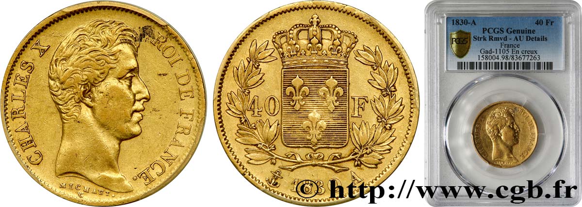 40 francs or Charles X, 2e type 1830 Paris F.544/5 AU PCGS
