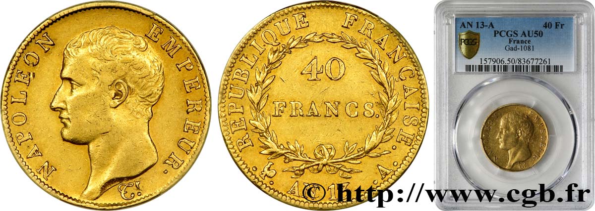 40 francs or Napoléon tête nue, Calendrier révolutionnaire 1805 Paris F.537/1 AU50 PCGS