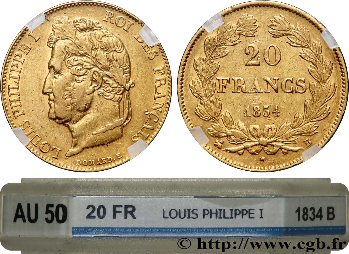 20 francs or Louis-Philippe, Domard 1834 Rouen F.527/8 SS50 GENI