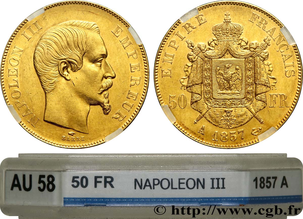 50 francs or Napoléon III, tête nue 1857 Paris F.547/4 AU58 GENI