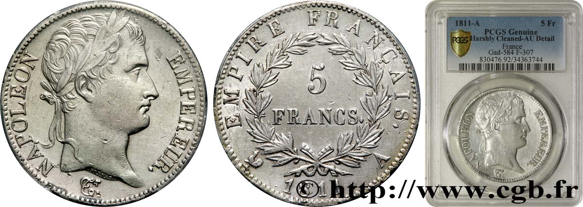 5 francs Napoléon Empereur, Empire français 1811 Paris F.307/27 XF PCGS