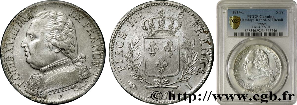 5 francs Louis XVIII, buste habillé 1814 Limoges F.308/6 q.SPL PCGS