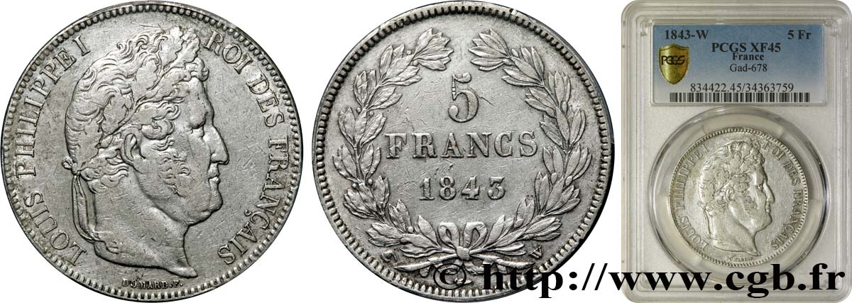 5 francs IIe type Domard 1843 Lille F.324/104 BB45 PCGS