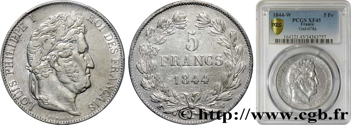 5 francs IIIe type Domard 1844 Lille F.325/5 XF45 PCGS