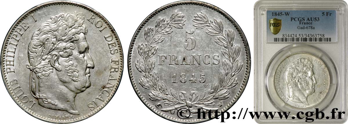 5 francs IIIe type Domard 1845 Lille F.325/9 BB53 PCGS