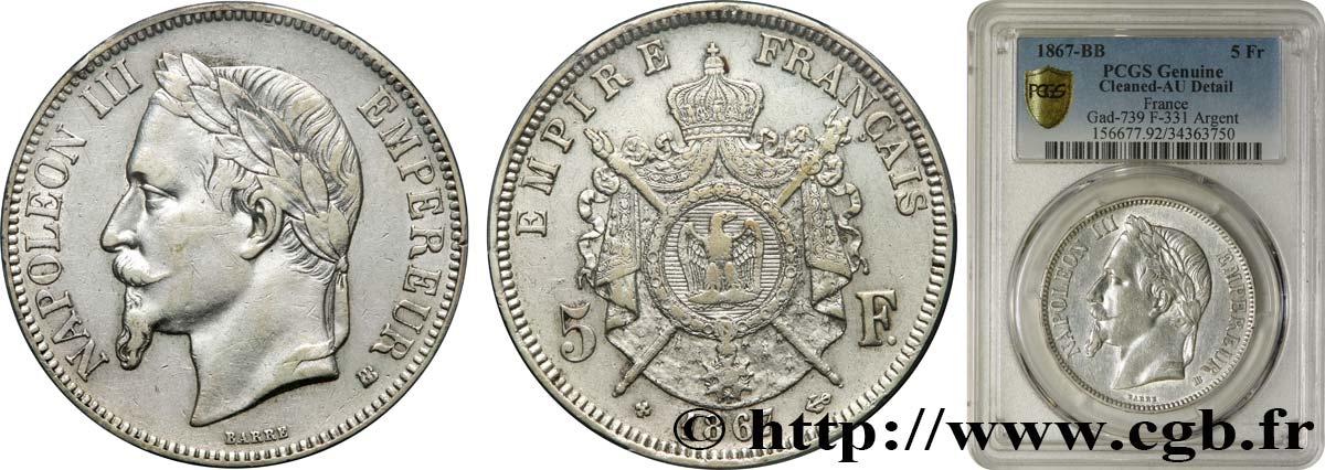 5 francs Napoléon III, tête laurée 1867 Strasbourg F.331/11 AU PCGS