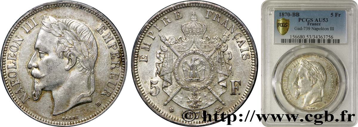5 francs Napoléon III, tête laurée 1870 Strasbourg F.331/17 AU53 PCGS