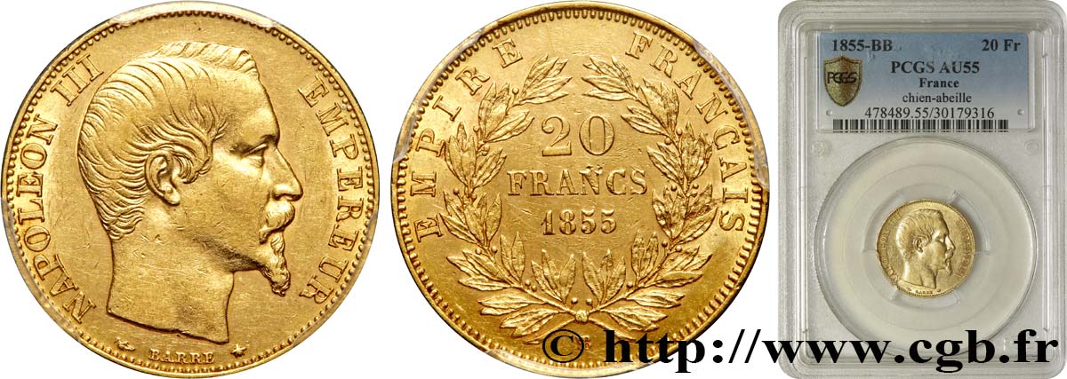 20 francs or Napoléon III, tête nue 1855 Strasbourg F.531/5 EBC55 PCGS