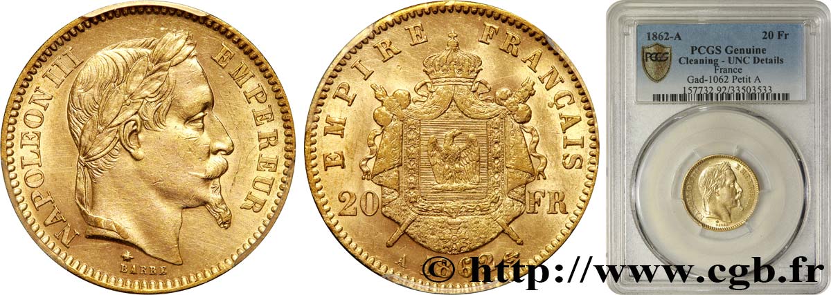 20 francs or Napoléon III, tête laurée 1862 Paris F.532/3 VZ+ PCGS