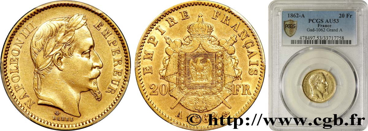 20 francs or Napoléon III, tête laurée, grand A 1862 Paris F.532/4 AU53 PCGS