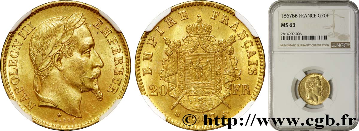 20 francs or Napoléon III, tête laurée 1867 Strasbourg F.532/16 fST63 NGC