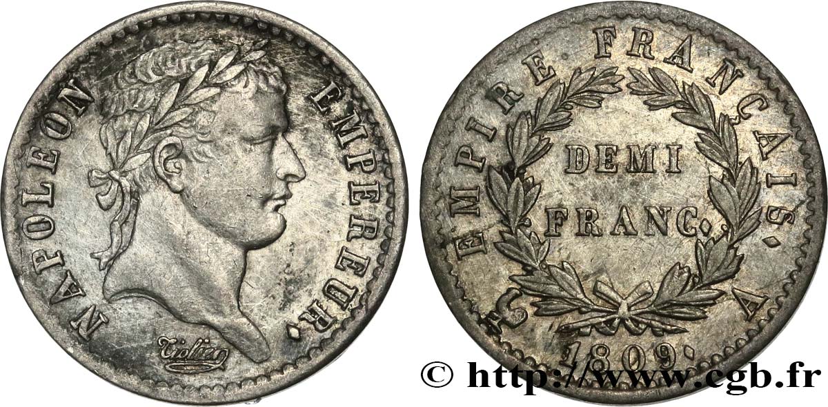 Demi-franc Napoléon Ier tête laurée, Empire français 1809 Paris F.178/1 q.SPL 