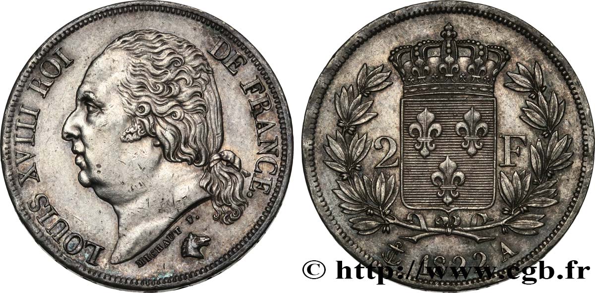 2 francs Louis XVIII 1822 Paris F.257/36 EBC+ 
