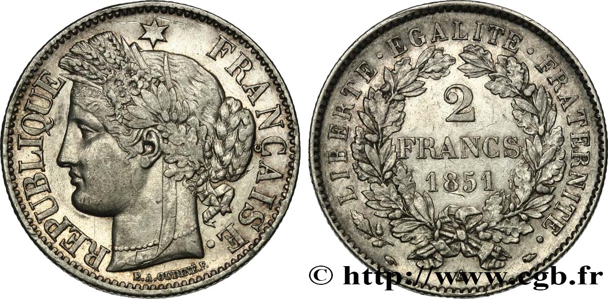2 francs Cérès, IIe République 1851  Paris F.261/7 AU53 