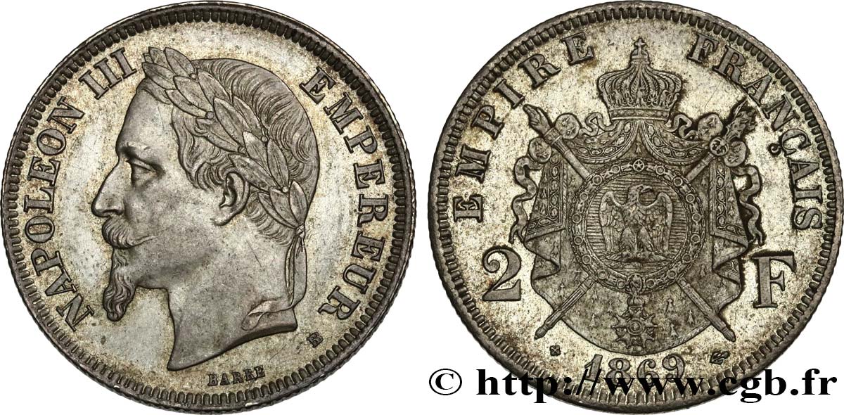2 francs Napoléon III, tête laurée 1869 Strasbourg F.263/11 AU58 