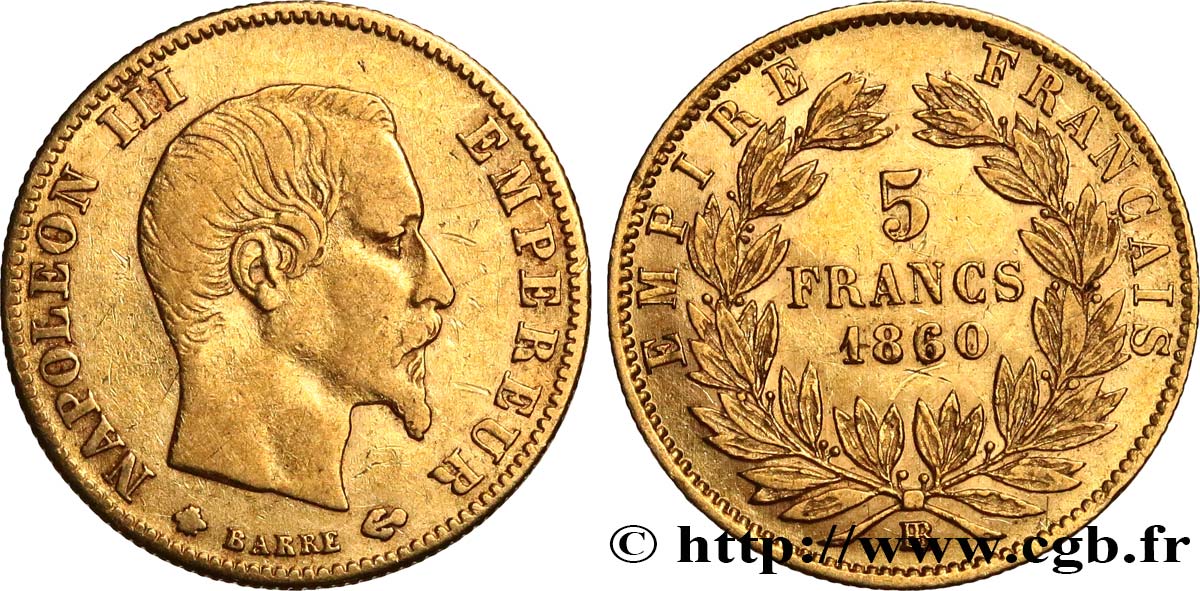 5 francs or Napoléon III, tête nue, grand module 1860 Strasbourg F.501/12 S35 