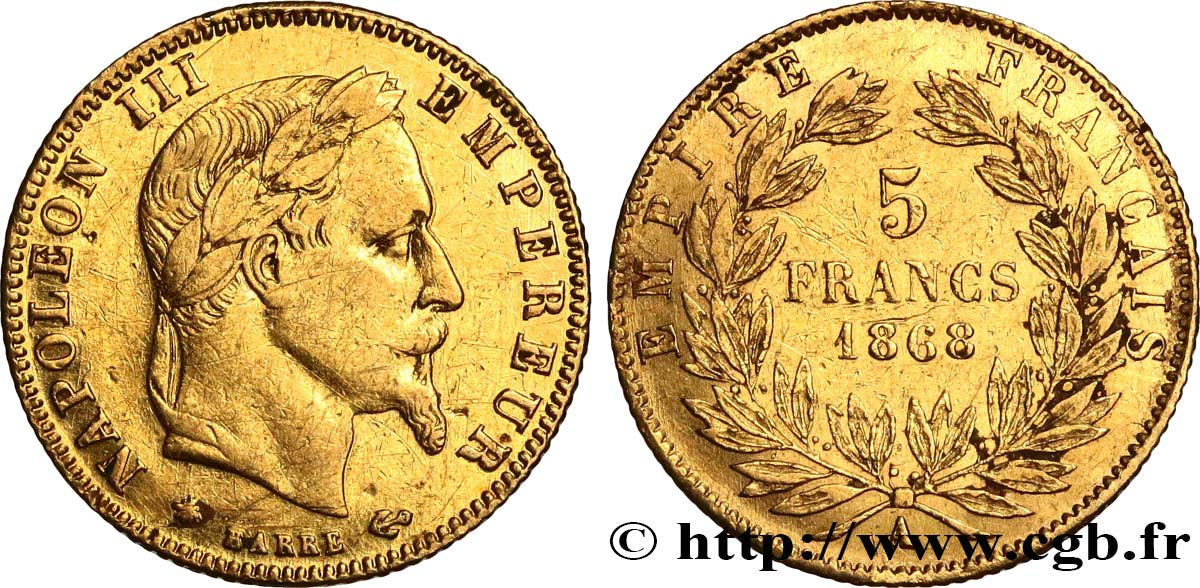 5 francs or Napoléon III, tête laurée 1868 Paris F.502/13 TTB 