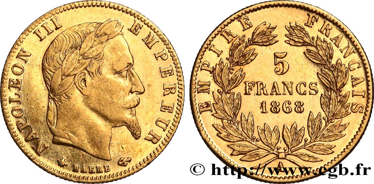 5 francs or Napoléon III, tête laurée 1868 Paris F.502/13 XF 