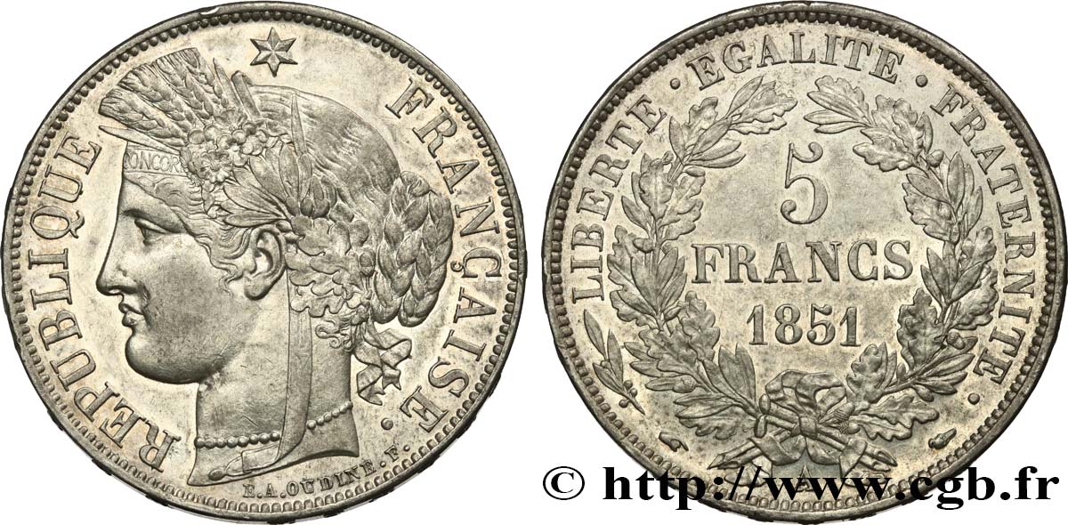 5 francs Cérès, IIe République 1851 Paris F.327/7 SUP60 