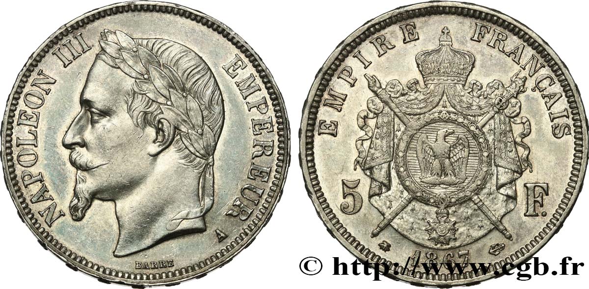 5 francs Napoléon III, tête laurée 1867 Paris F.331/10 AU 