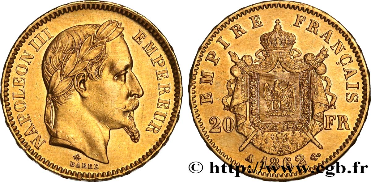 20 francs or Napoléon III, tête laurée 1862 Paris F.532/3 SS 