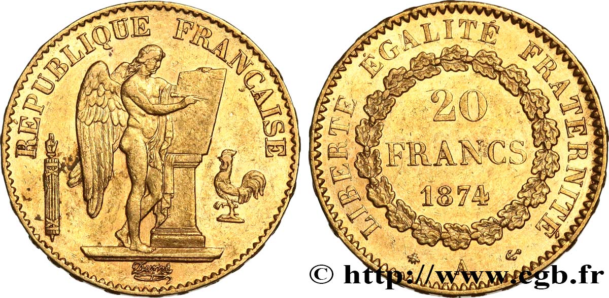 20 francs or Génie, Troisième République 1874 Paris F.533/2 fVZ 