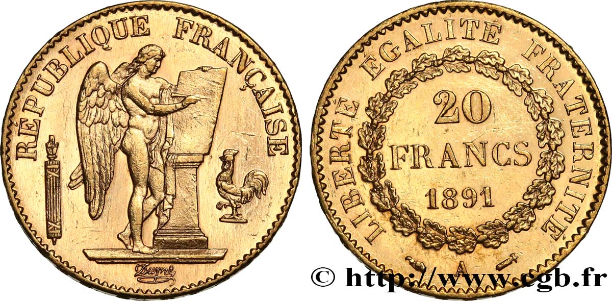 20 francs or Génie, IIIe République 1891 Paris F.533/15 SUP61 